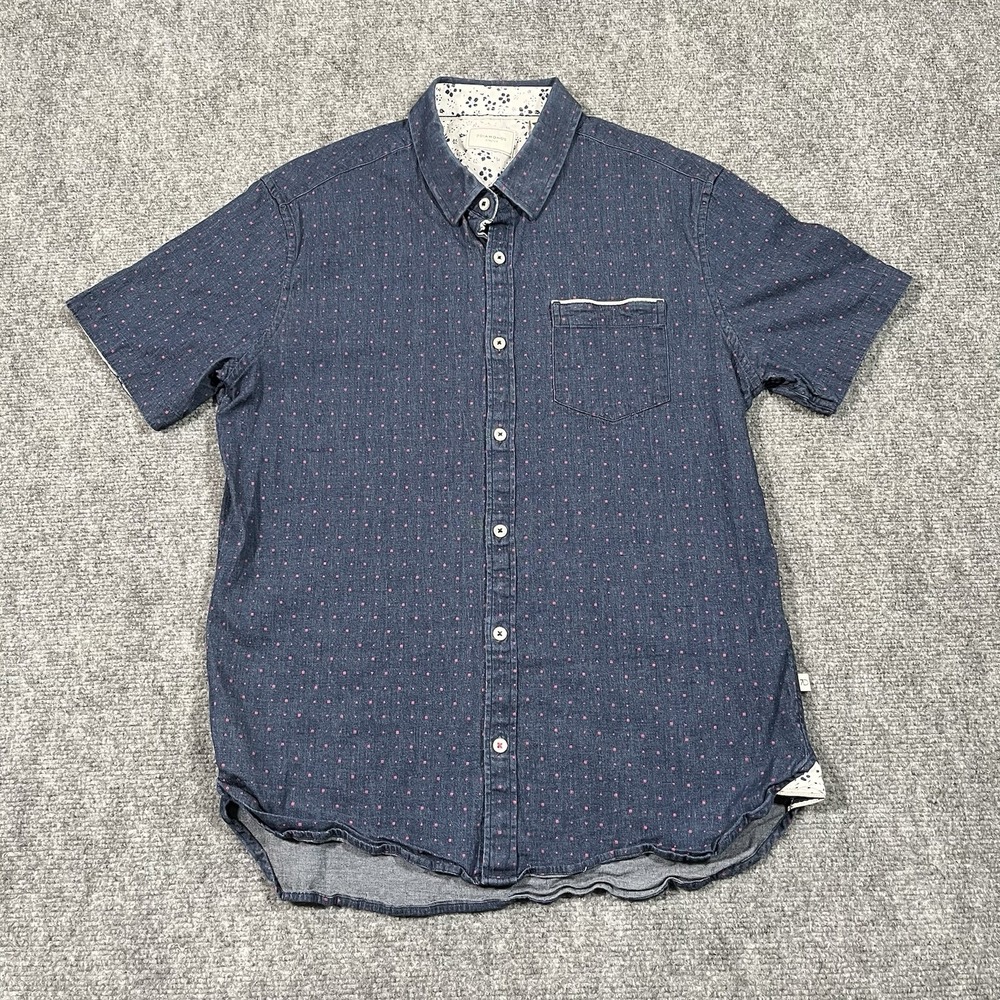7 Diamonds Shirt Mens‎ Medium Blue Polka Dot Denim Stretch Woven Short Sleeve